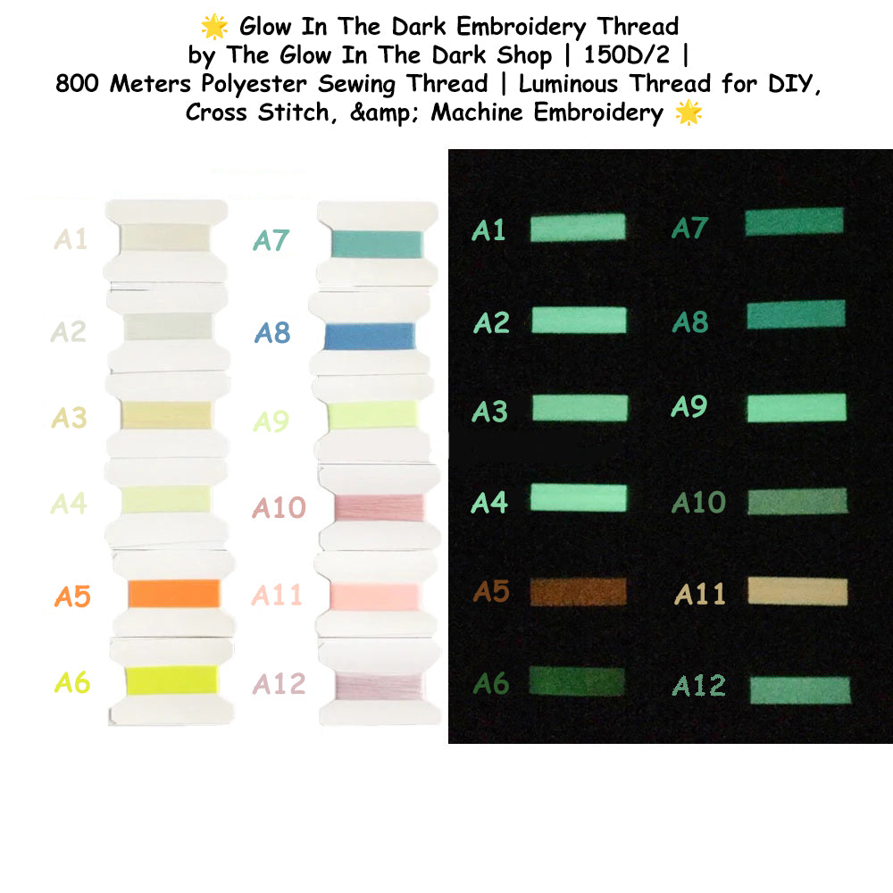 π Glow In The Dark Embroidery Thread by The Glow In The Dark Shop | 150D/2 | 800 Meters Polyester Sewing Thread | Luminous Thread for DIY, Cross Stitch, & Machine Embroidery π | A7