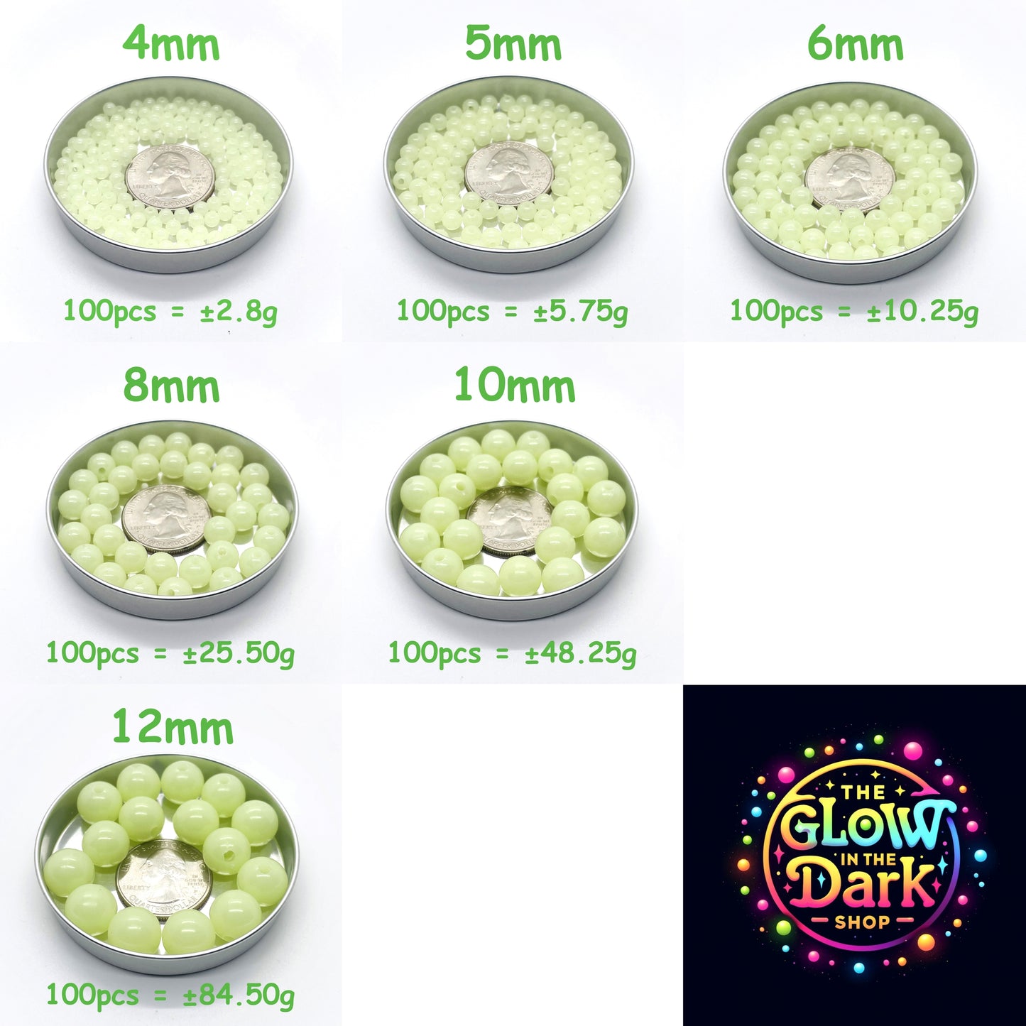 8mm Glow In The Dark Beads | Green Luminous Round Acrylic Spacer Beads | 4mm | 5mm | 6mm | 8mm | 10mm | 12mm
