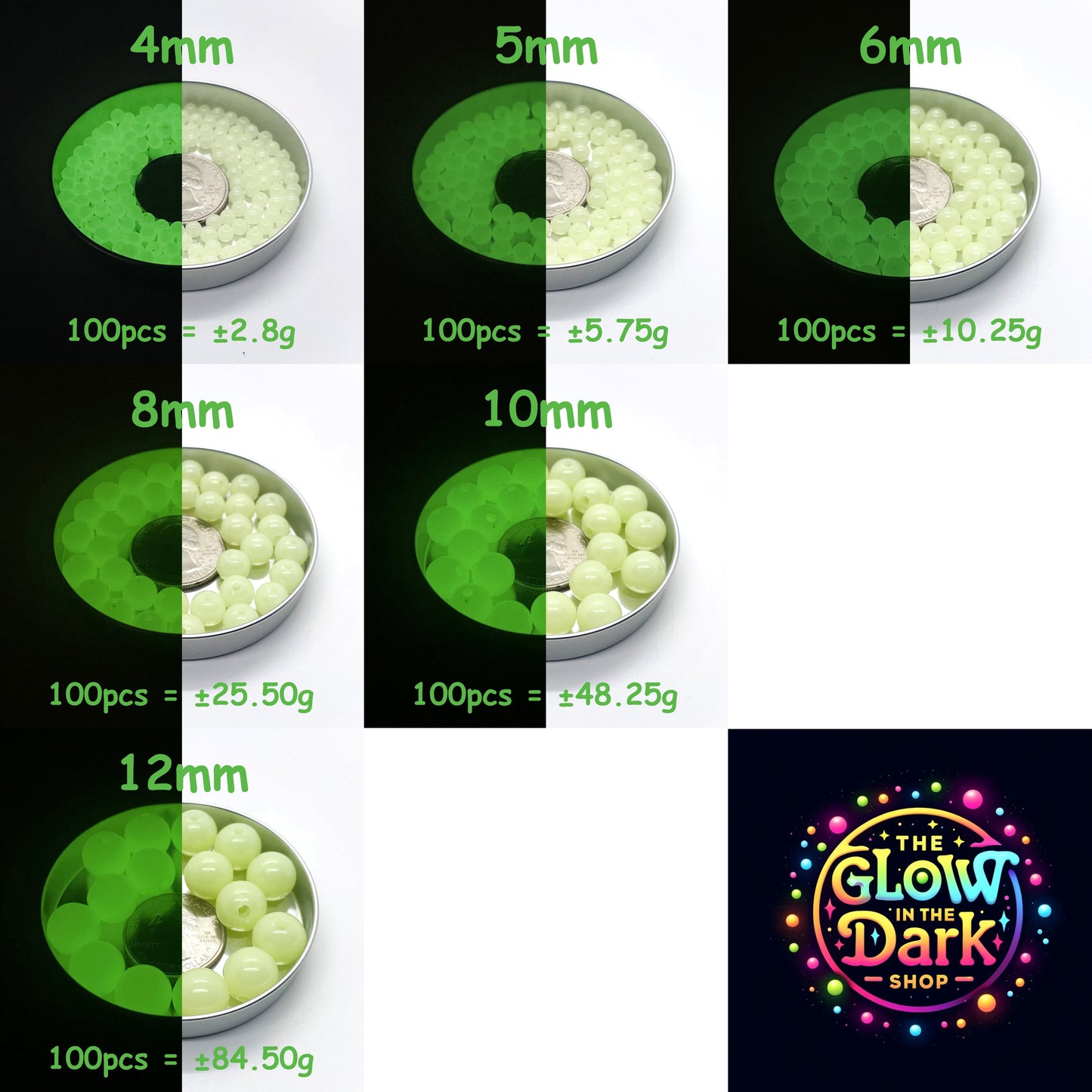 8mm Glow In The Dark Beads | Green Luminous Round Acrylic Spacer Beads | 4mm | 5mm | 6mm | 8mm | 10mm | 12mm