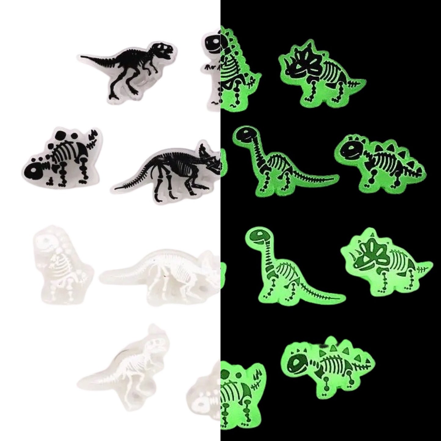 🌟🦖 Luminous Dinosaur Skeleton Shoe Charms by The Glow In The Dark Shop | Cute PVC Charms for Kids’ Shoes, Bags & Bracelets | Glow-in-the-Dark Fun! 🌟 A4