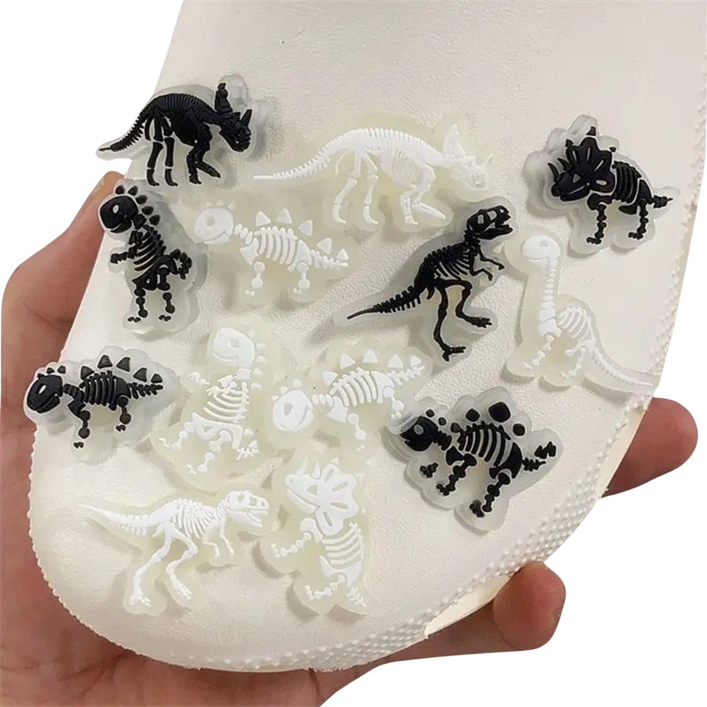 🌟🦖 Luminous Dinosaur Skeleton Shoe Charms by The Glow In The Dark Shop | Cute PVC Charms for Kids’ Shoes, Bags & Bracelets | Glow-in-the-Dark Fun! 🌟 A4