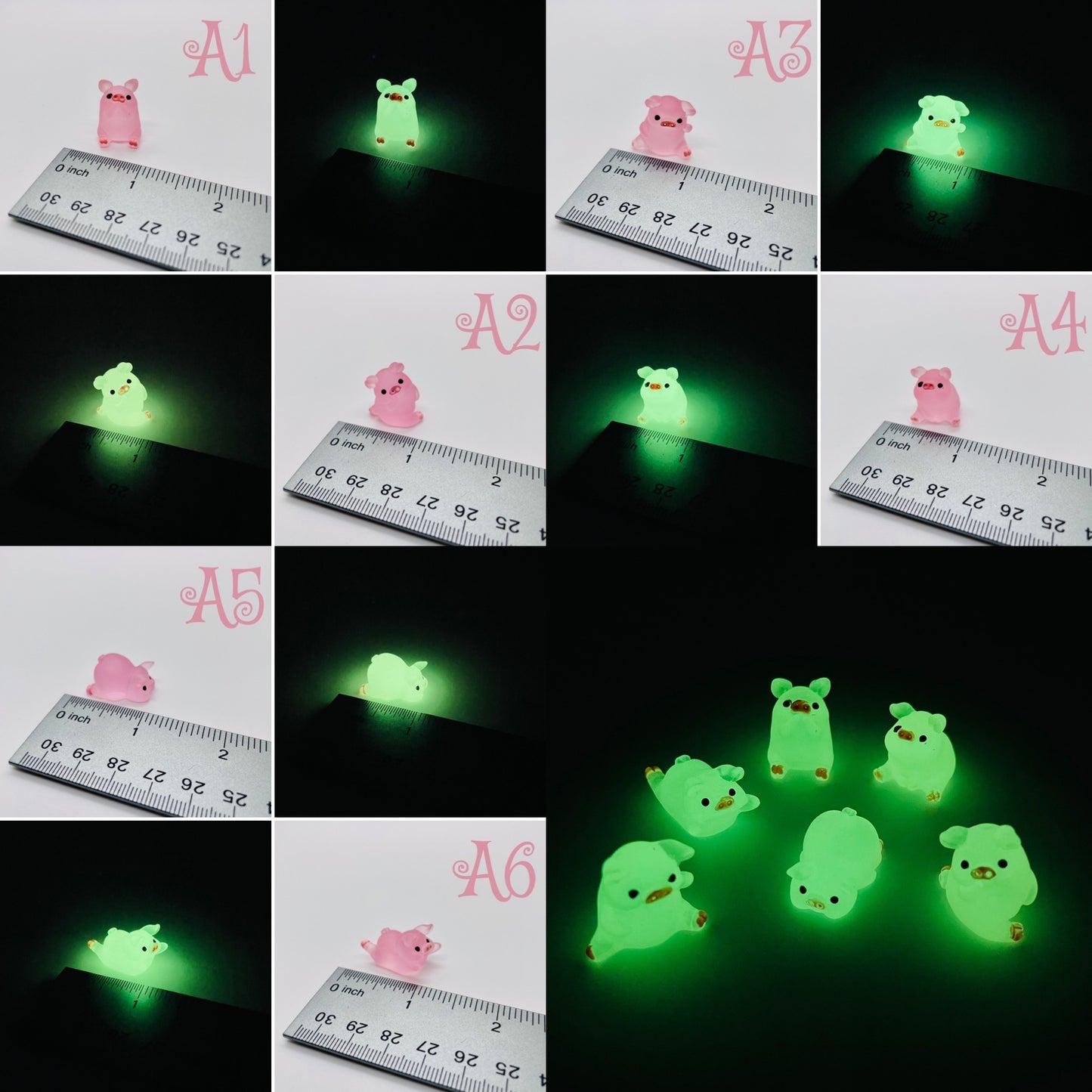 Mini Glow-in-the-Dark Resin Piggy Figurines by The Glow In The Dark Shop | Cute Luminous Pig Ornaments for Gardens & DIY Crafts | Collage