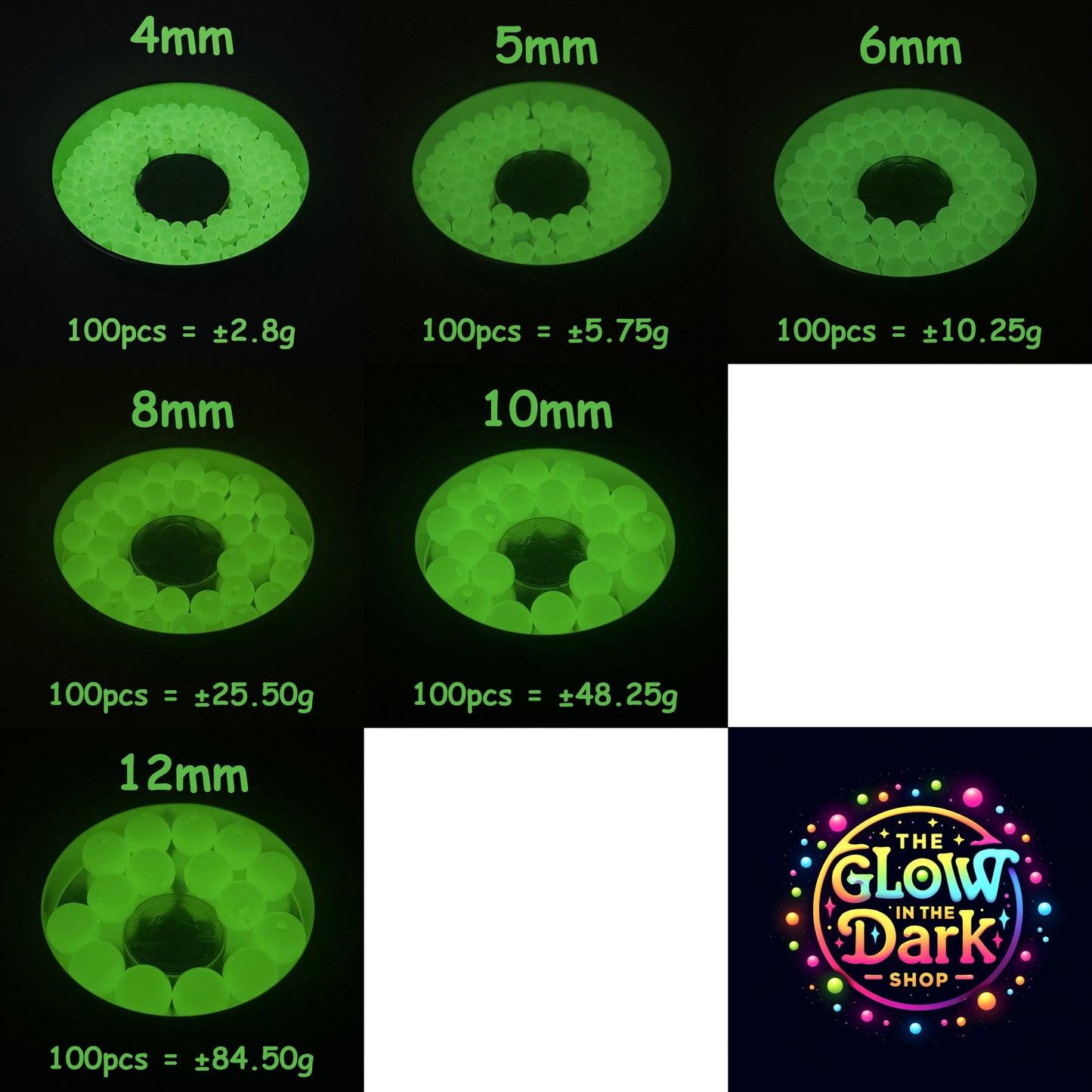 8mm Glow In The Dark Beads | Green Luminous Round Acrylic Spacer Beads | 4mm | 5mm | 6mm | 8mm | 10mm | 12mm