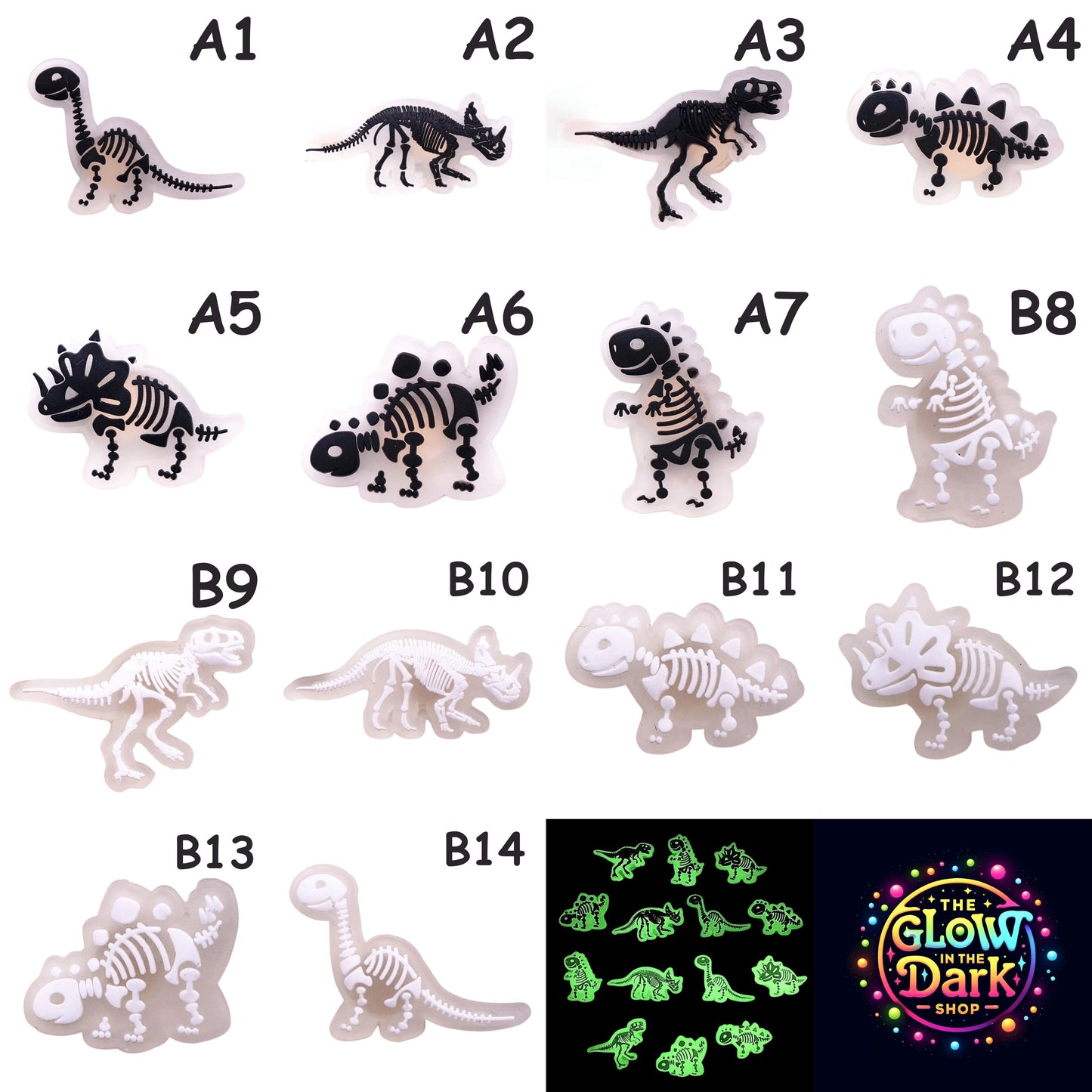 🌟🦖 Luminous Dinosaur Skeleton Shoe Charms by The Glow In The Dark Shop | Cute PVC Charms for Kids’ Shoes, Bags & Bracelets | Glow-in-the-Dark Fun! 🌟 Collage