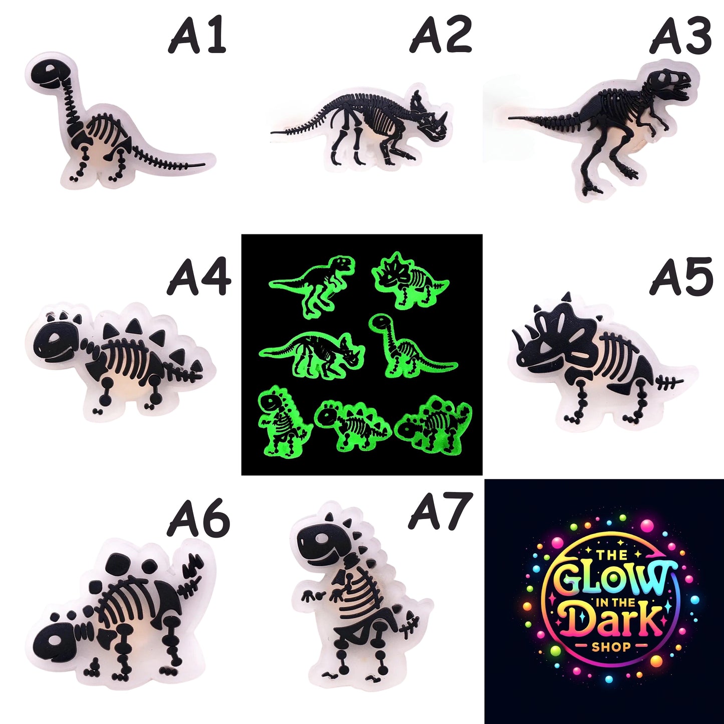 🌟🦖 Luminous Dinosaur Skeleton Shoe Charms by The Glow In The Dark Shop | Cute PVC Charms for Kids’ Shoes, Bags & Bracelets | Glow-in-the-Dark Fun! 🌟 Collage