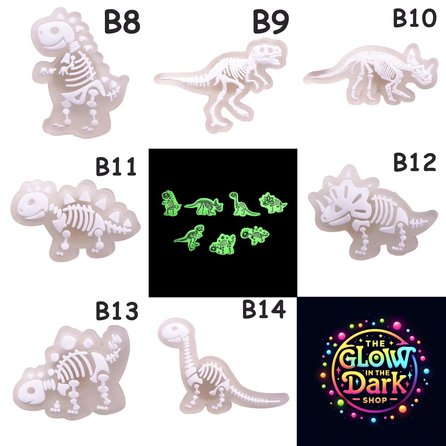 🌟🦖 Luminous Dinosaur Skeleton Shoe Charms by The Glow In The Dark Shop | Cute PVC Charms for Kids’ Shoes, Bags & Bracelets | Glow-in-the-Dark Fun! 🌟 Collage